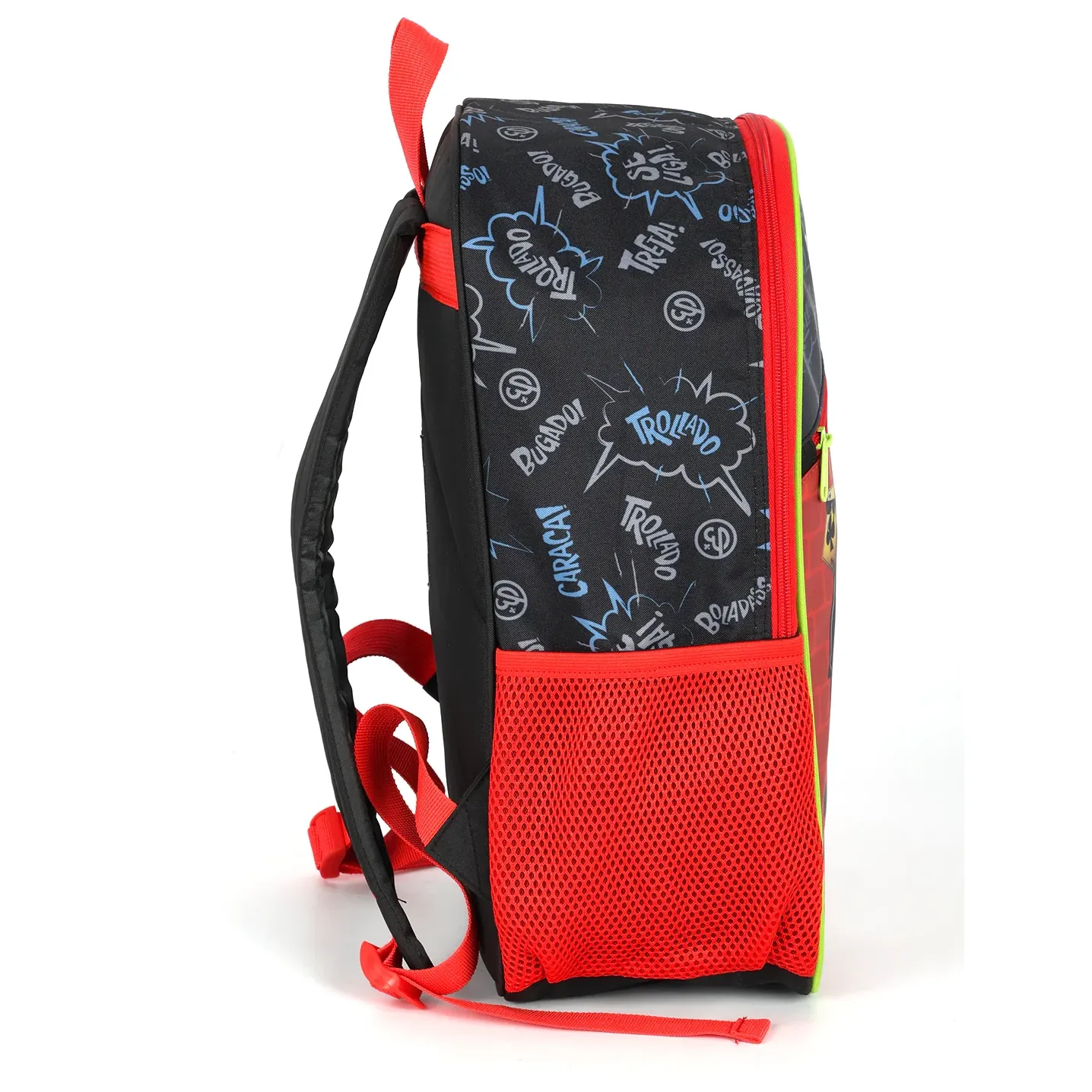 Vista lateral da mochila Luxcel Enaldinho com bolso em tela vermelha e alças acolchoadas